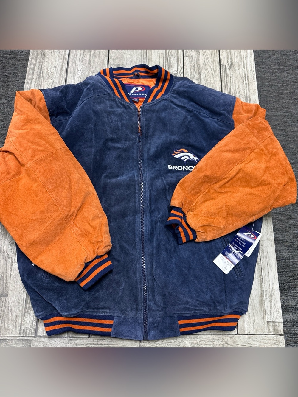 Vintage 90s Pro Player Denver Broncos Suede Full Zip Leather Jacket XL Retro NFL